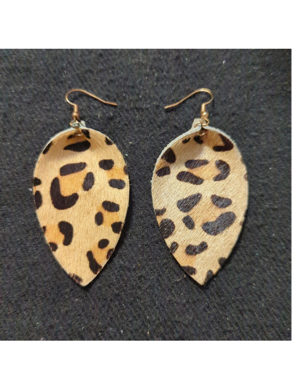 Gold Tone Brown Tan Leopard Print Calf Hair Leather Statement Earrings